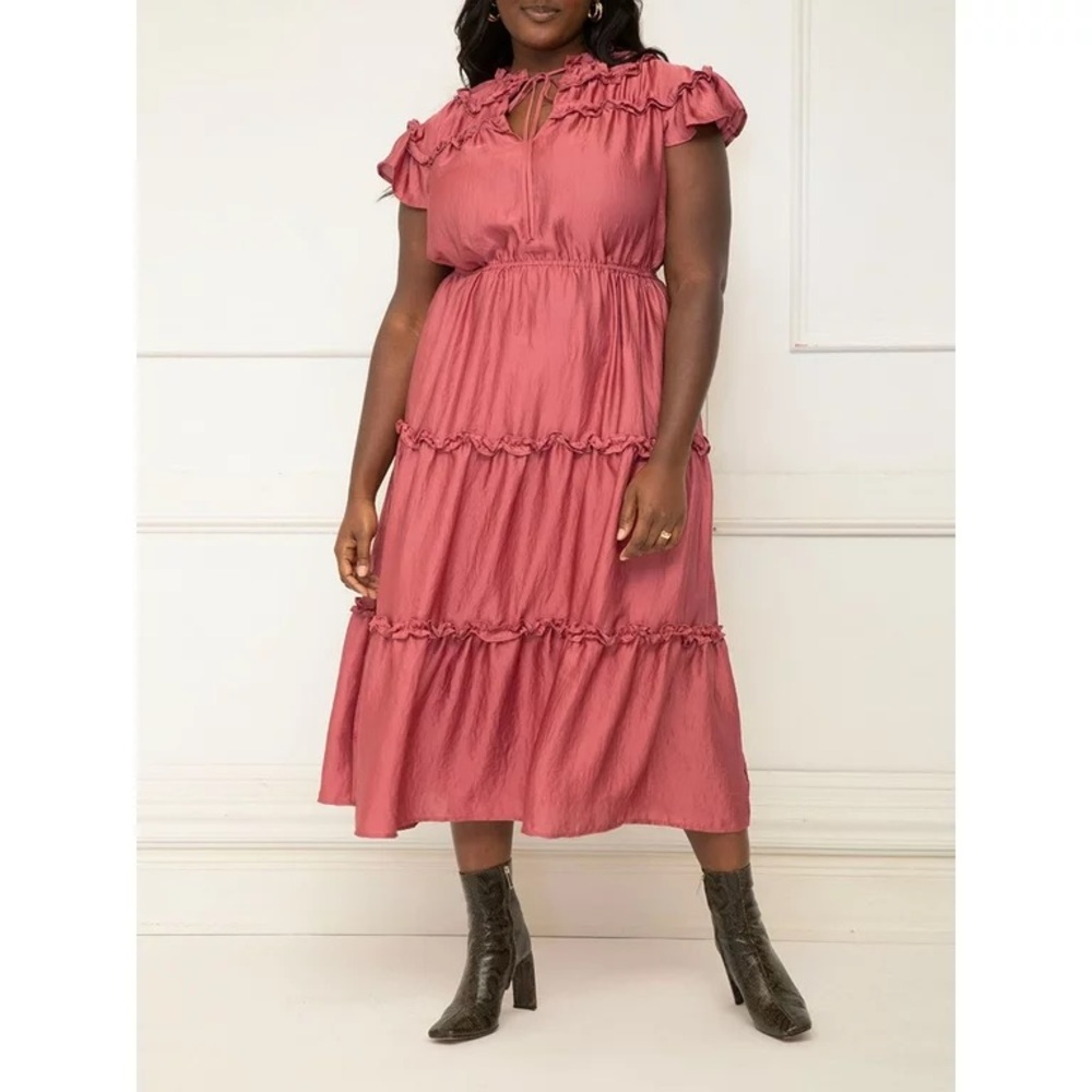 ELOQUII Elements Women's Plus Size Ruffle-Sleeve Yoke Tiered Midi Dress